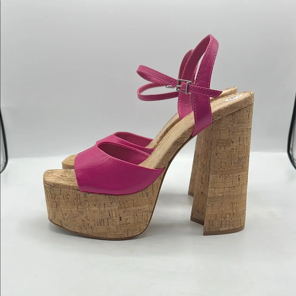 SCHUTZ Sz 9 1/2 GLAYCE NAPPA LEATHER‎ SANDAL Pink Tan Platform Chunky Heel NEW
